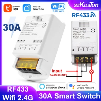 Tuya Smart Home Wifi Smart Switch AC 85-250V 4000W 30A Relé Modul RF 433 Smartlife Diaľkové Ovládanie Časovač Self-locking Jog Relé