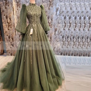 Prispôsobený Zelená Moslimských Večerné Šaty Perličiek Top Zloženke Sukne Formálne Šaty Na Blízkom Východe Ženy Vestidos De Noche Islam Dámske Nosenie