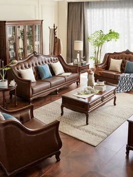Americké luxusné retro mahagón masívneho dreva kožená sedačka zmes villa prvá vrstva cowhide high-end klasická sedačka