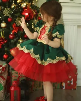 2023 Vianočné Šaty Flower Girl Dress Deti Koleno Dĺžke Čipky Krátke Rukávy Opuchnuté Tylu S Zlata Luk Šaty Princezná Nosenie
