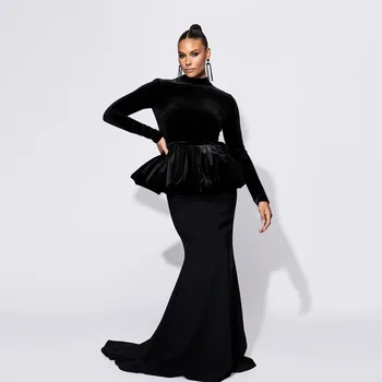 Skromný Black Velvet Morská Víla Šaty Ples Moslimských Maxi Šaty Vysoký Golier Plné Rukávy Dlhé Prom Šaty