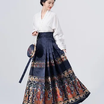 Móda Hanfu Šaty, Oblek Tradičné Biele Top Blúzky, Čierny Kôň Tvár Sukne Ženy Orientálna Ľudové Tanečné Kostýmy Čínske Oblečenie