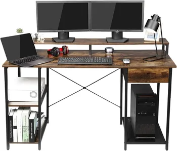 Stôl Počítačový Stôl kancelársky Stôl so Zásuvkou, Stojan Monitora a Úložné Poličky