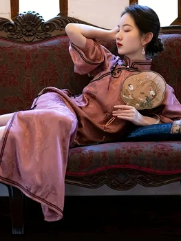 Kontrast Orezania Čínsky Vintage Cheongsam Tri-štvrtiny Rukáv Žaba Tlačidlo Mandarin Golier Šaty dámske Oblečenie
