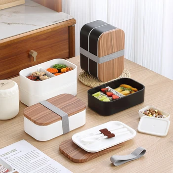 Japonský štýl póry Dreva Plastové Bento Box Double-layer Zapečatené Mikrovlnnej Lunch Box Dospelých Študent Office Vonkajšie Lunch Box