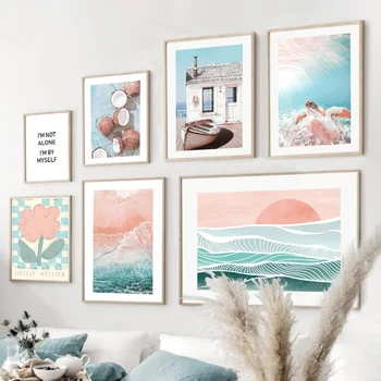 Prispôsobiteľné Sunrise Beach Korytnačka Palmy, Kvety Múr Umenia Maľby Nordic Plagáty a Vytlačí Obrázok Obývacia Izba