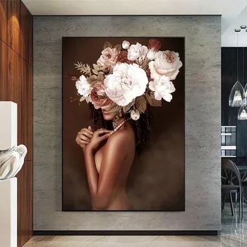 Kvitnúce Kvetiny Ženy Plátno na Maľovanie Škandinávie Obrázky Vytlačiť Plagát, Nahé Ženy Múr Umenia pre Domáce Výzdoba Interiéru Frameless