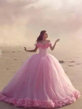 Elegantné Ramena Princezná Nádherné plesové Šaty, Svadobné Šaty 3D Ručné Kvety Ružové A-Line Šaty