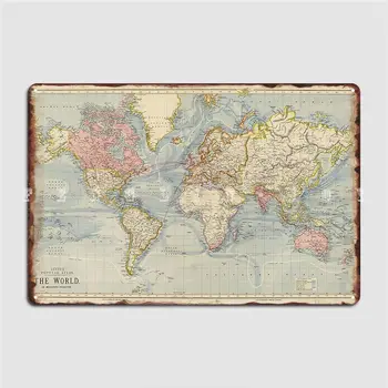 Vintage Mapa Sveta, 1883 Plagát Kovová Doska Klub Domáceho Kina Vytvoriť Plakety Tin Podpísať Plagát