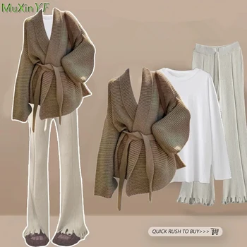 Ženy Sveter Cardigan Biele Tričko Knit Nohavice 1 alebo 3 Kus Nastaviť Jeseň Zima kórejský Lady Voľné Coats Top Nohavice Oblečenie 2023
