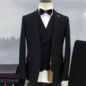 Elegantné Luxusné Čierne Terno pánske Obleky Singel svojim Drážkou Klope Slim Fit Svadobné Business Tri Kus Bunda, Nohavice, Vesta