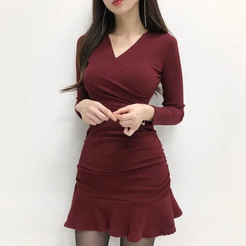 Kórejský 2023 Jeseň Tvaru Volánikmi Šaty Ženy Sexy Štíhla, Pružná Hip Zábal Mini Šaty Žena Módy Pevné Dlhý Rukáv Pletené Šaty