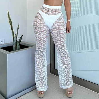 BKLD Biele Ženy Čipky Vidieť-cez Beach Street Dovolenku Spodnej Sexy 2023 Oblečenie Vysoký Pás Zabalené Hip Bežné Nohavice S Nohavičky