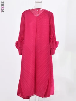 EGRM Elegantný Kvetinový Pozdĺžne Skladaný Miyake Šaty tvaru Lištovanie Dlhé Rukávy Pevné Farebné Party Šaty pre Ženy 2023 Nové 9GR617