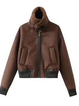 Jeseň novej dámskej módy v Európe a Spojených Štátoch bežné wild zip kožušiny jeden faux kožené fleece bunda