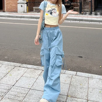 GIDYQ Modrá Cargo Nohavice Ženy Harajuku Y2K Vintage Streetwear Nadrozmerná Širokú Nohu, Nohavice Žena kórejský Vysoký Pás šnurovacie Nohavice