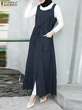 2023 ZANZEA Moslimských Dubaj Dlhé Šaty Módne bez Rukávov Pevné Šaty Žena Lete tvaru Sundress Femme Elegantný Retro Vestidos