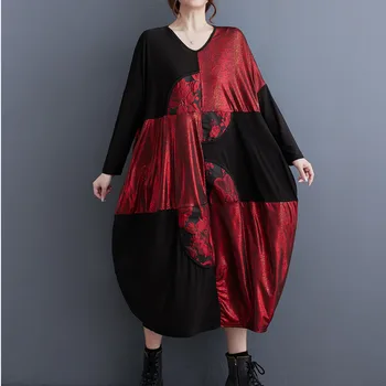 #7090 Jeseň Midi Šaty Wome Dlhý Rukáv tvaru Pozdĺžne Farieb-line Streetwear Midi Šaty Voľné Nepravidelný Tričko Šaty Žena