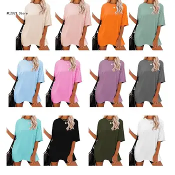 Ženy Krátke Rukáv Top Solid Farba Leta Dlhá Tunika Základné Kolo Krku T-Shirt