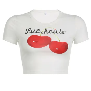 Sladké Girl Cherry Tlač Kolo Krku Bežné T-shirt