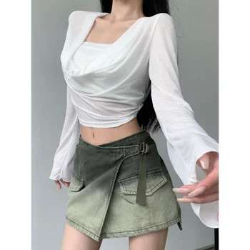 2023 Lete pre Ženy Plodín Topy Vintage kórejský Retro High Street Kapucňou Skladaný T-Shirt Streetwear Tee Tričko