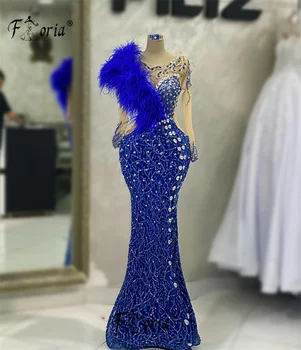 Kráľovská Modrá Iskrivý Korálkové Celebrity Dresss Dlhé Rukávy Večerné Šaty 2023 Dubaj Crystal Žena Party Šaty Svadobné Hostiny Rúcha