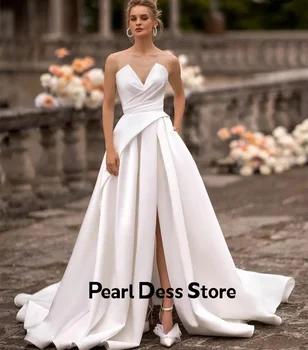 Dámske V-neck satin dlhé svadobné šaty elegantné skladaný pocket-line slonoviny sweep vlak štrbinou nevesta šaty