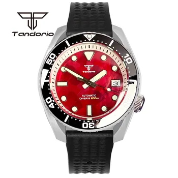 Tandorio NH35A Červená perleť Dial 42.5 mm Kartáčovaný 20bar pánske Automatické Dive Watch 3.8 Koruny Zafírové Sklo Svetelný Dátum