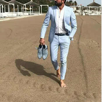 2022 v Lete Modrá Bielizeň Muži Obleky Nevesty Svadobné Smoking Najlepší Muž Sako Bežné Groomsmen Nosenie 2piece Kostým Homme Terno Masculino