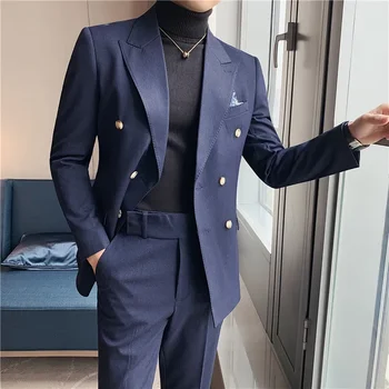 Vysoko Kvalitné Sako pánske British Štýl Dvojité Breasted Elegantné Business Advanced Jednoduché Svadobné Gentleman Slim Oblek Dve Kus