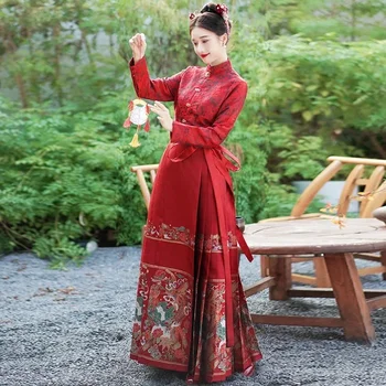 Čínsky Štýl Slávnostné Ženy Hanfu Výšivky Konskou Tvárou Sukne Long Sleeve Stand Golier Červené Tričko Cosplay