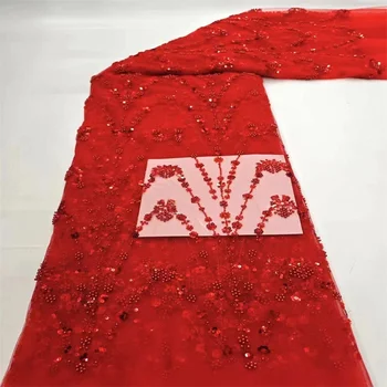 Najnovšie Ružová Afriky Čipky Textílie 2024 Červená Vysoká Kvalita Flitrami Ženícha Výšivky Pre Ženy, Svadobné Party Šaty Oka Textílie 5 Metrov