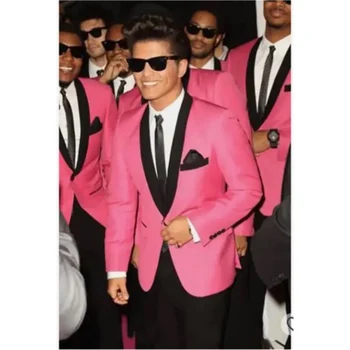 Hot Pink Svadobné Obleky Pre Mužov Terno Singel Svojim Čierna Šatka Klope Jedno Tlačidlo Formálne 2 Ks (Bunda +Nohavice) Ropa Hombre