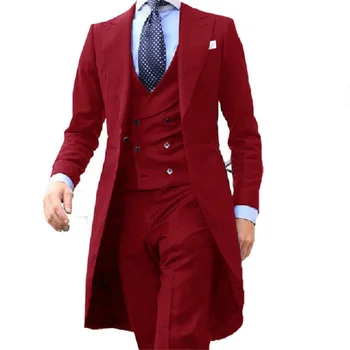 Červený Dlhý Chvost Kabát 3 Ks Gentleman Muži Obleky Mužskej Módy Ženícha Smoking pre Svadbu, Ples Bunda Vesta s fialové Nohavice