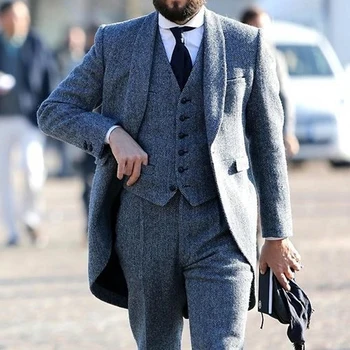 Elegantné pričom Uhlopriečny Tweed Vlna Muži Obleky pre Víťaza 3 Ks Ženícha Smoking Klasické Obchodné Formálne Svadby Mužský Oblek, Kostým Homme