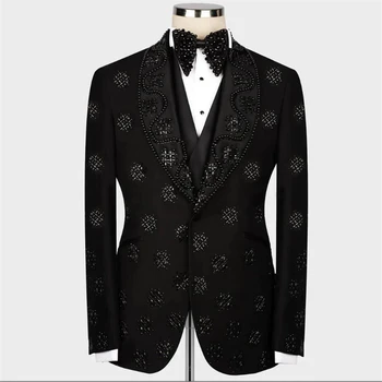 Luxusné Ženícha Tuxedos Muži Obleky, Svadobné 3 Kusy Nastaviť Korálkové Kamienkami Prom Blejzre Večer Večeru Muž Ternos Completo