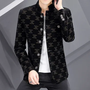 Menčester Suit Mens Osobnosti Kórejský Slim Fit Nové Tlačené Bežné Vyhovovali Stojan Golier Mens Blazer Vintage Blejzre Para Hombre