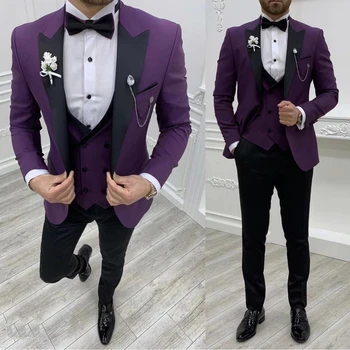 Zákazku Purple Prom Party, Svadobné Obleky Pre Ženícha Slim Fit Pracovného Nosiť Muži Sako Vestu Nohavice Manželstva Kostým