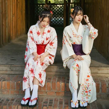 Dámske Kvetinové Tlač Yukata Dlhé Šaty, Orientálne Tradičné Japonské Kimono S Obi Prevedenie Fotografie Nosenie